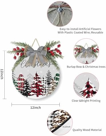 Welcome Sign Front Door Christmas Wreath Decor Plaid Xmas Tree Wooden Wall Decor