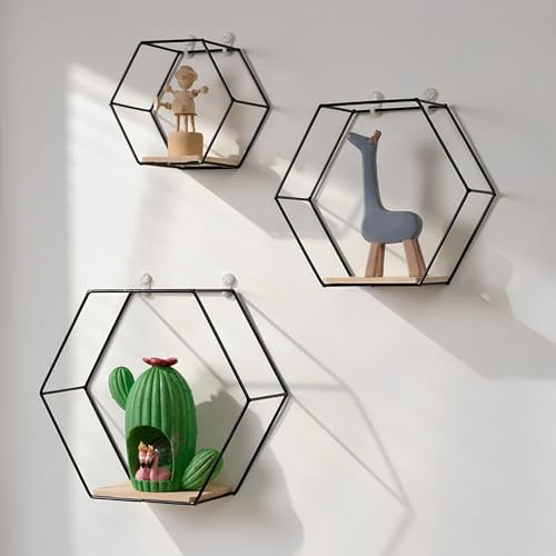 3PCS Hexagon Floating Shelves Black Wall Mount
