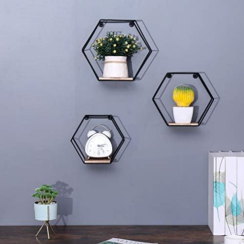 DRNCURN Hexagon Floating Shelves Wall Mounted Metal Set of 3 Honeycomb Dcor for Home