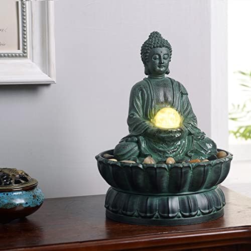 Indoor Tabletop Zen Fountain Buddha Statue with LED Light and Glass Ball