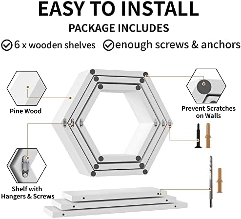 Wooden Hexagon Floating Shelves Set of 6 White Pine