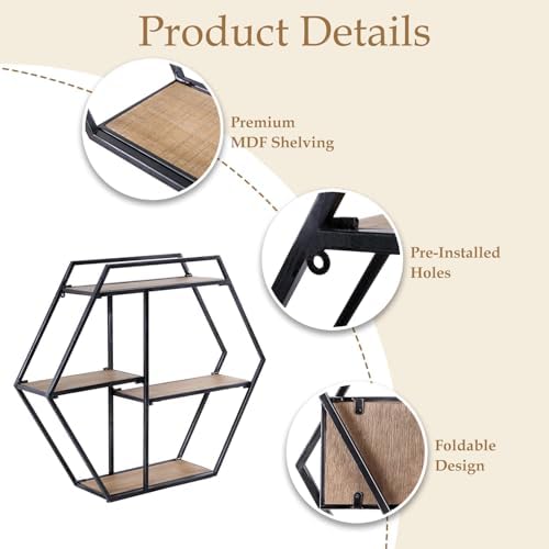 Industrial Style 3 Tier Hexagon Floating Shelf
