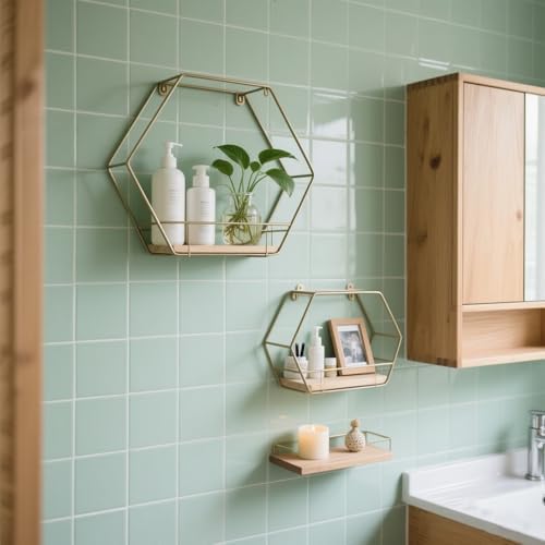 3 Piece Gold Hexagon Floating Shelves Set