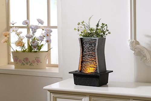 GOSSI Tabletop Water Fountain with LED Lights and Plastic Pot