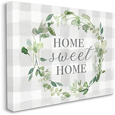 Stupell Industries Sweet Home Leaf Wreath Geometric Plaid Pattern Grey