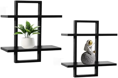 PHOENANCEE Floating Shelves Set of 2 Modern 2-Tier Black Oak Wall Display