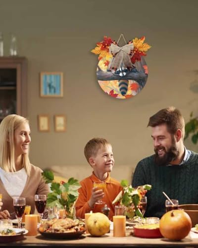 Welcome Sign Fall Thanksgiving Wreath Decor Raccoon Wood Round Door Sign