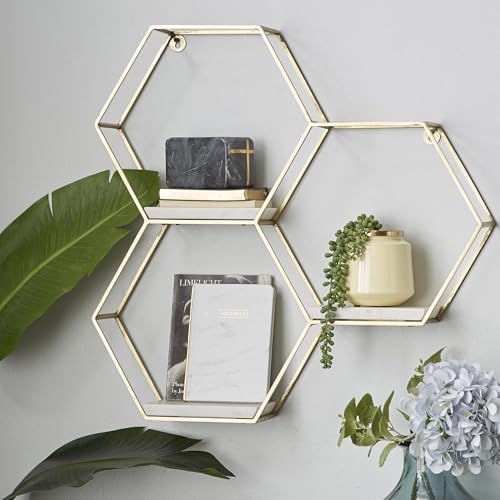 Deco 79 Gold Marble Hexagon Floating Shelf
