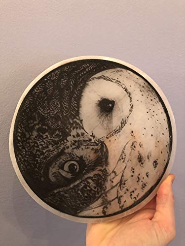 Etched Owl Yin Yang 8 Inch Selenite Charging Plate