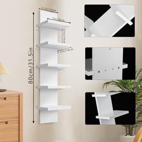 5 Tier Floating Wall Shelf Unit - White Vertical Storage Decor