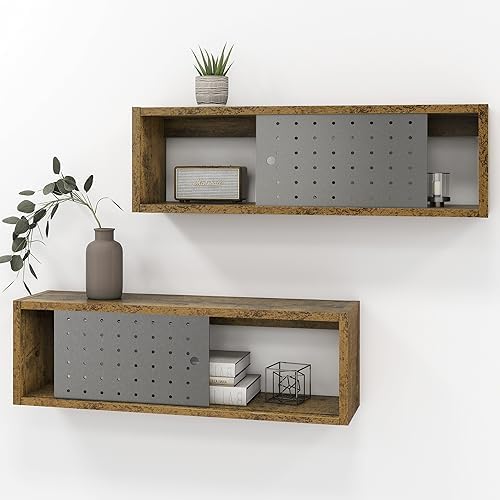 Sonefreiy 24in Floating Cabinet Set of 2 Rustic Wood TV Stand with Slide Metal Doors