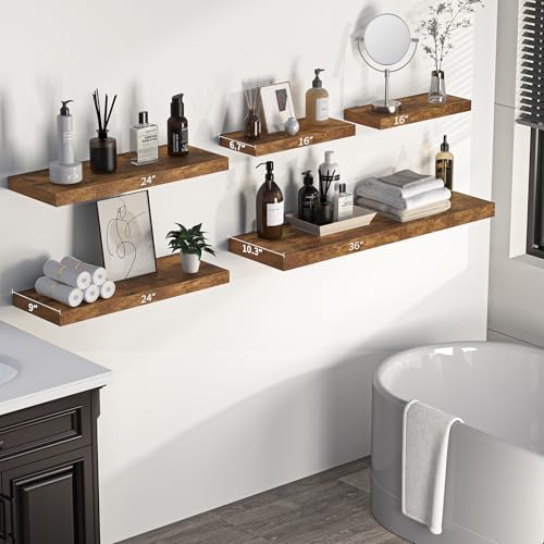 Fun Memories Floating Shelves - 2 Pack Rustic Brown Wall Shelves for Home Decor and Storage