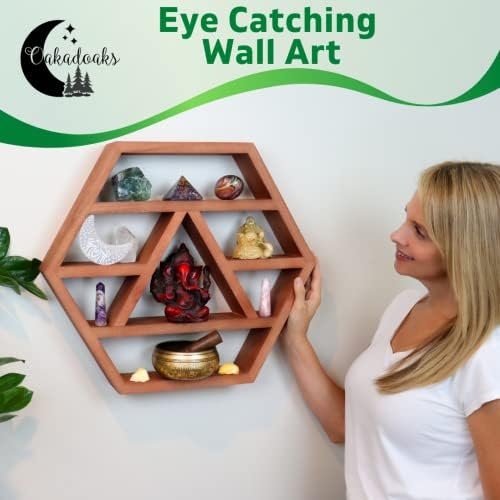 Hexagon Crystal Shelf Display - Large 21 Brown Wood Floating Shelves for Crystals