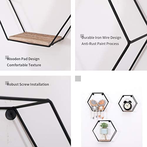DRNCURN Hexagon Floating Shelves Wall Mounted Metal Set of 3 Honeycomb Dcor for Home