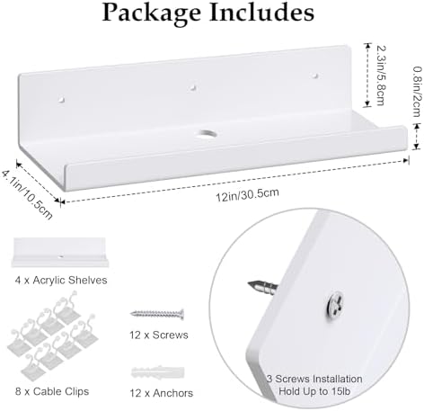 12 Inch Clear Floating Shelves 4 Pack with Cable Clips