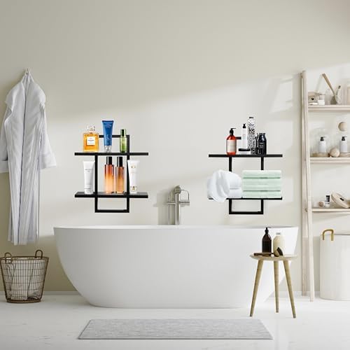 PHOENANCEE Floating Shelves Set of 2 Modern 2-Tier Black Oak Wall Display