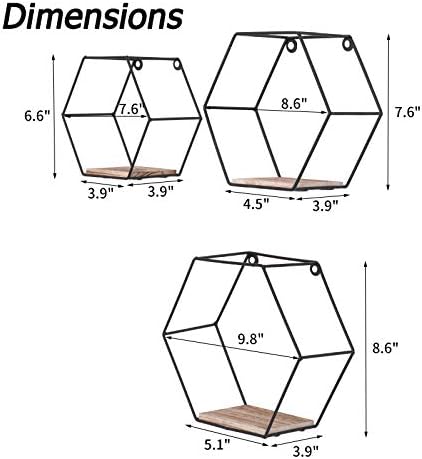 DRNCURN Hexagon Floating Shelves Wall Mounted Metal Set of 3 Honeycomb Dcor for Home