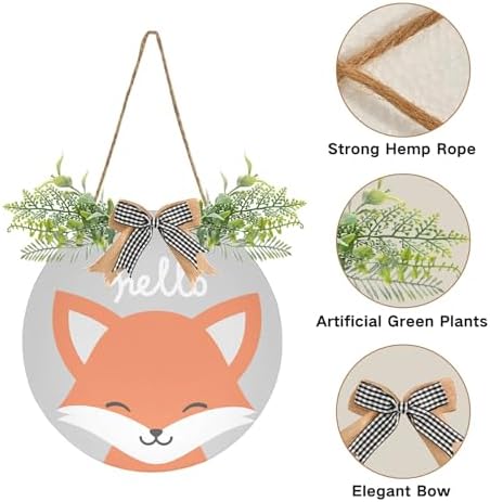 Cute Fox Door Wreath with Hello Welcome Sign for Front Porch Decorations