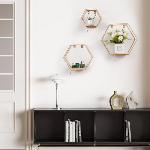 Ideal Swan Hexagon Floating Shelves with LED Lights - Gold