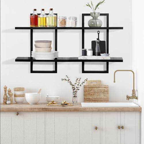 PHOENANCEE Floating Shelves Set of 2 Modern 2-Tier Black Oak Wall Display