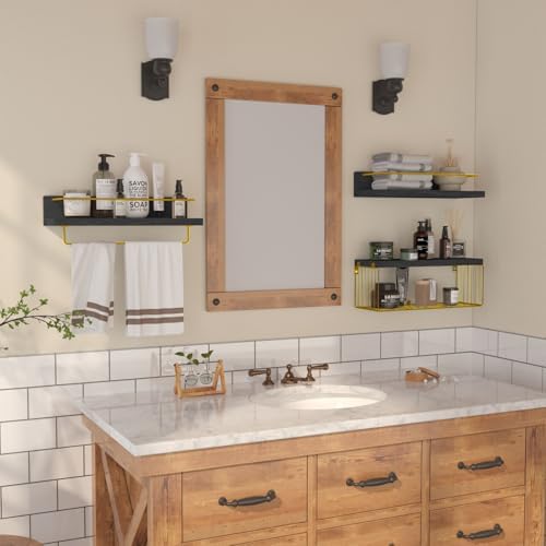 PopiShelves Floating Wall Shelves with Basket Set of 3 Black and Gold