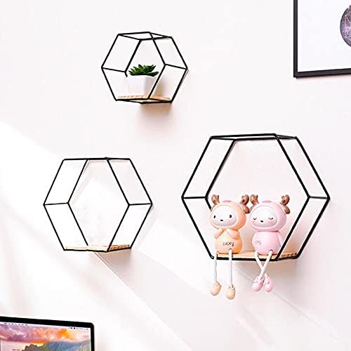 PerGar Hexagon Floating Shelves Set of 3 Black Modern Metal Wall Shelf