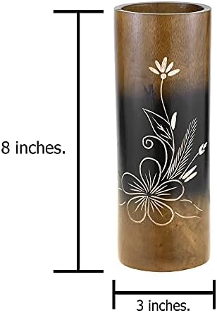 AeraVida Plumeria Flower Brown Cylindrical Wood Vase Set