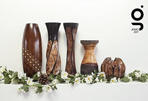 Small Round Sculptured Wooden Vase for Dried Flowers and Decorative Grass Display