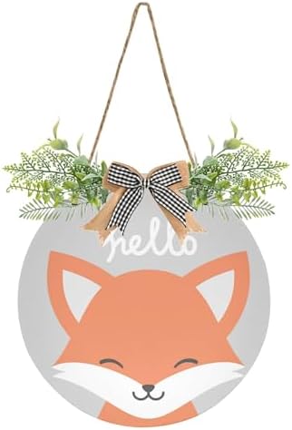 Cute Fox Door Wreath with Hello Welcome Sign for Front Porch Decorations