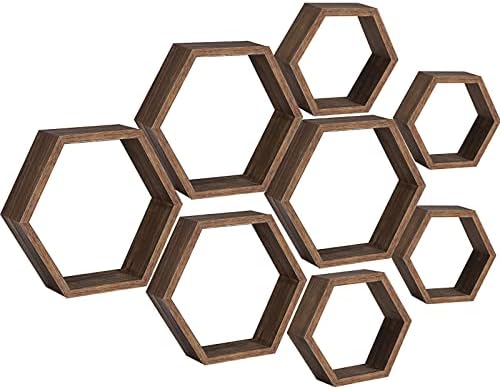 Maitys Hexagon Floating Shelves Set of 8 Brown Wood Wall Decor