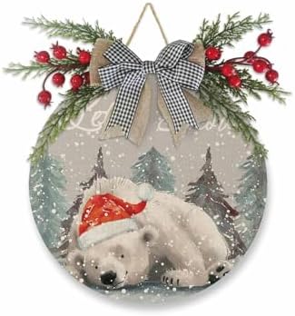 Welcome Sign Christmas Wreath Decor Santa Hat Bear Wood Wall Decor