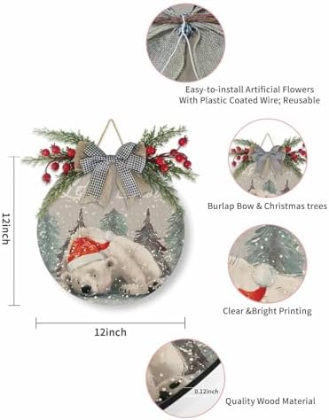 Welcome Sign Christmas Wreath Decor Santa Hat Bear Wood Wall Decor