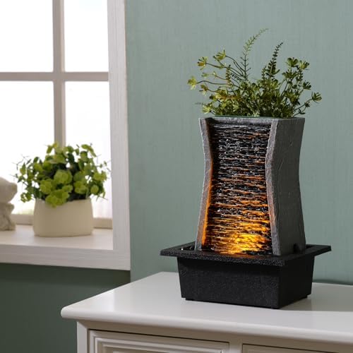 GOSSI Tabletop Water Fountain with LED Lights and Plastic Pot