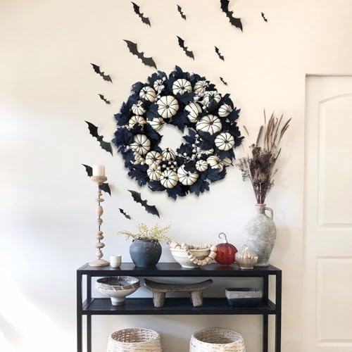 22 Inch Halloween Wreath with White Pumpkins and Black Maple Leaves