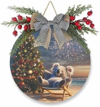 Welcome Sign Christmas Door Wreath Decorations Koala Wood Plaque Indoor Outdoor Hanging Round Decor