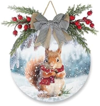 Welcome Sign with Squirrel Pine Cone Xmas Wreath