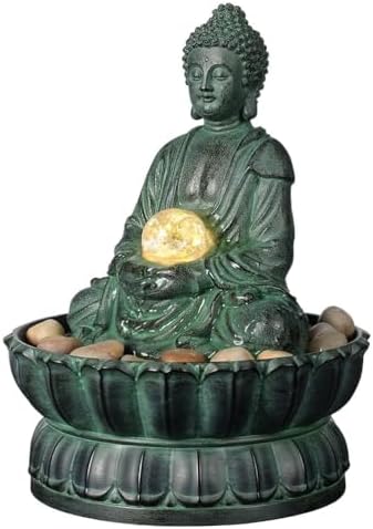 Indoor Tabletop Zen Fountain Buddha Statue with LED Light and Glass Ball