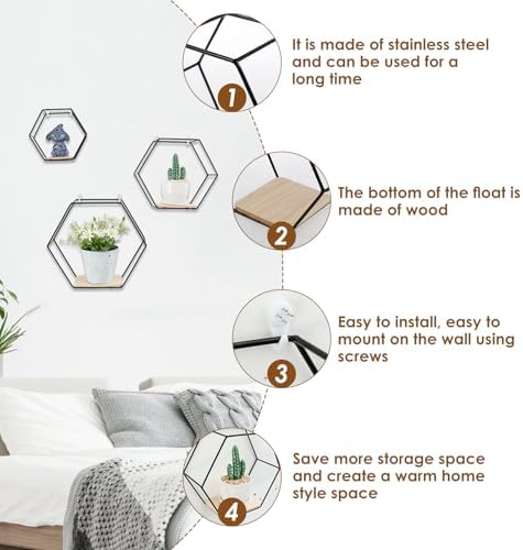 3PCS Hexagon Floating Shelves Black Wall Mount