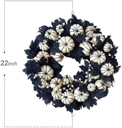 22 Inch Halloween Wreath with White Pumpkins and Black Maple Leaves