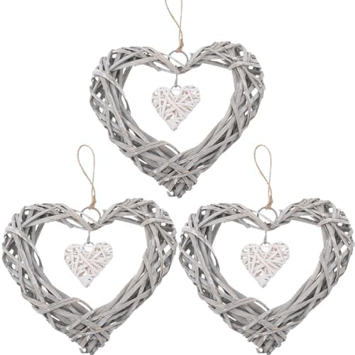 3Pcs Wicker Heart Wreath for Wall Hanging Rustic Decor