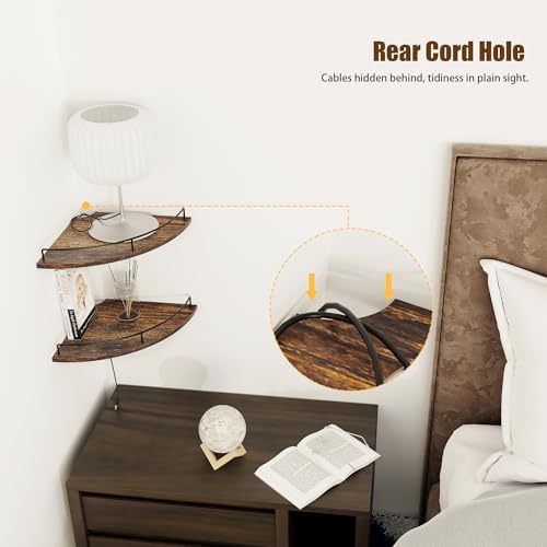 Corner Floating Shelves Set of 2 Rustic Brown Wood Wall Mount Storage with Guardrail