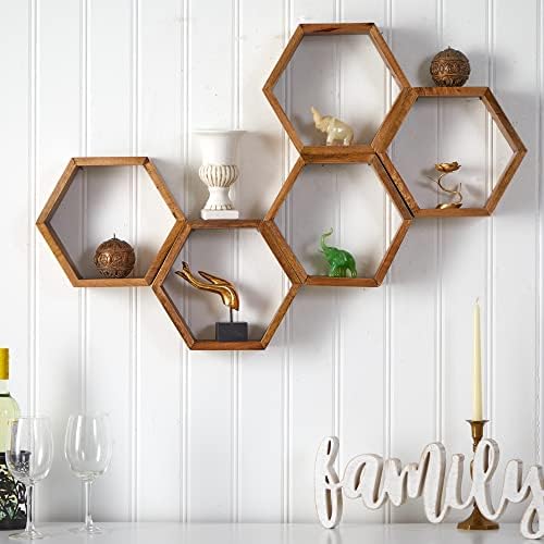 Nearly Natural 12in Wooden Hexagon Floating Shelf Set of 5