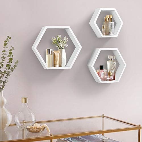 ROSE BLOOM Set of 3 White Wood Hexagon Shelves for Wall Decor