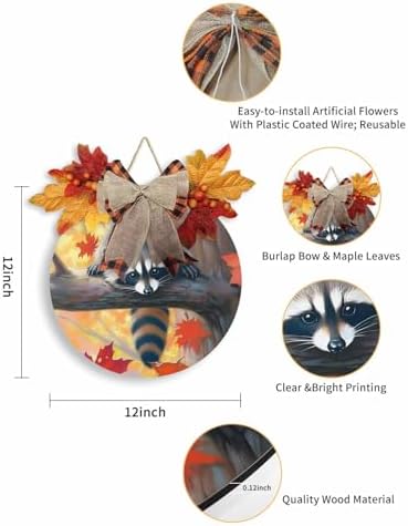 Welcome Sign Fall Thanksgiving Wreath Decor Raccoon Wood Round Door Sign