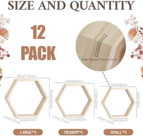 12 Pcs Wooden Hexagon Shelves 3 Sizes