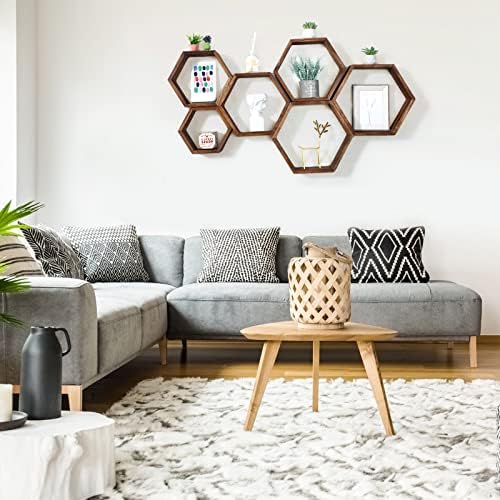 Maitys Hexagon Floating Shelves Set of 8 Brown Wood Wall Decor