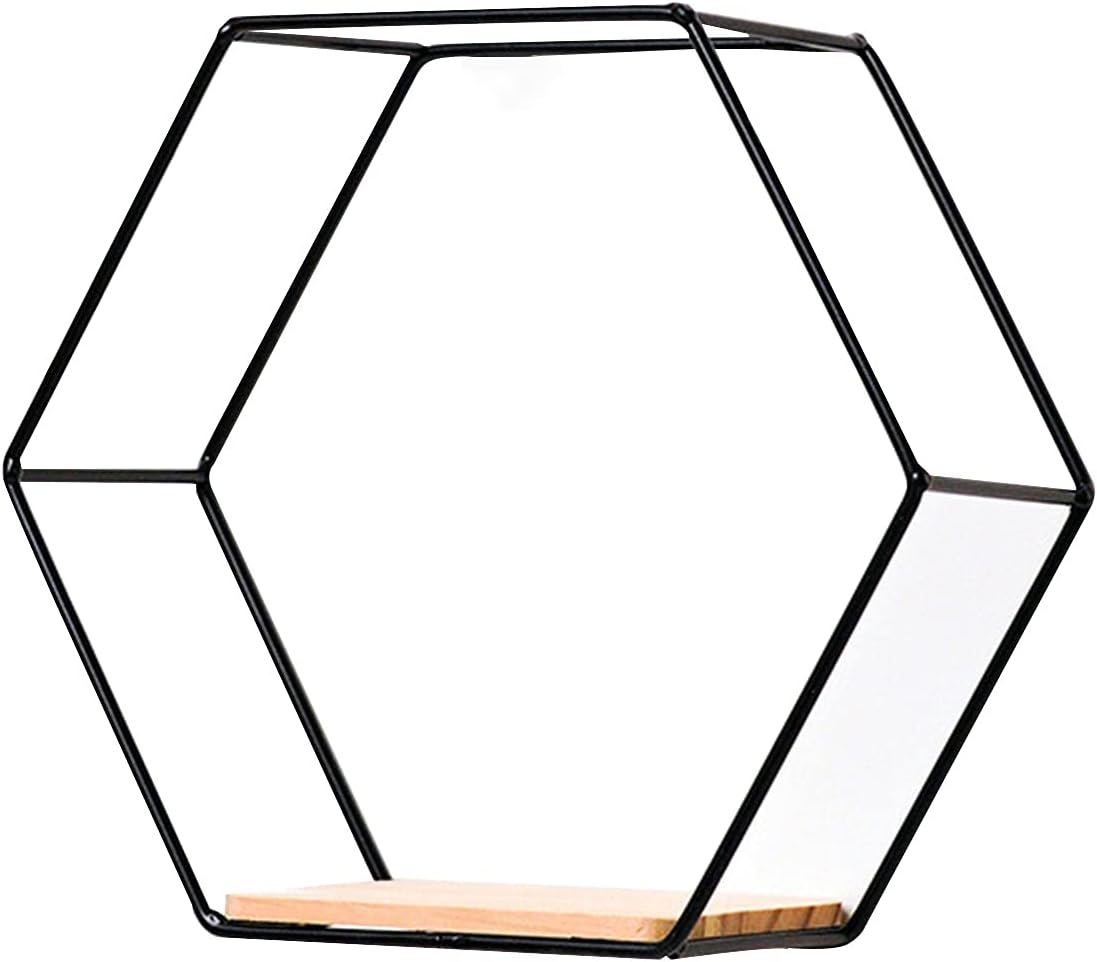 Hexagon Floating Wood Shelf with Iron Frame Black M1