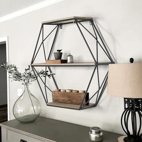 Oakrain Black Floating Wall Shelf Hexagon Living Room Bedroom