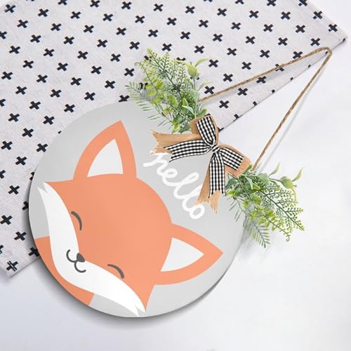 Cute Fox Door Wreath with Hello Welcome Sign for Front Porch Decorations