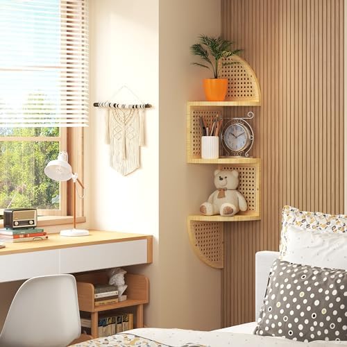 3-Tier Corner Wall Shelf - Rattan Floating Shelves for Bedroom Living Room and Bathroom